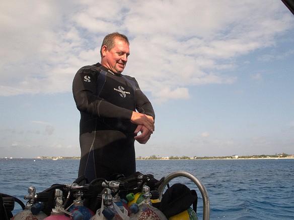Chris suits up before the morning dive. Feb 2, 2012 9:34 AM : Chris Alpers, Diving, Grand Cayman