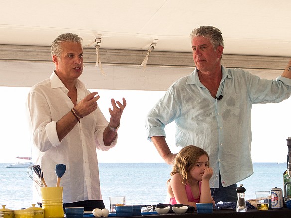 Tony's daughter has heard it all before, as "Uncle Eric" explains the basics of making a proper omelet Jan 19, 2013 4:32 PM : Anthony Bourdain, Eric Ripert, Grand Cayman