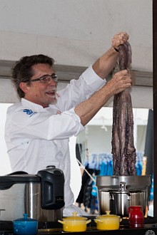 Rick asked the local purveyor for octopus, expecting the small 4-8 inch kind for ceviche. Instead, they figured more was better and gave him this baby which was too large for him to poach in the pots that he had! Jan 17, 2014 5:12 PM : Grand Cayman, Rick Bayless