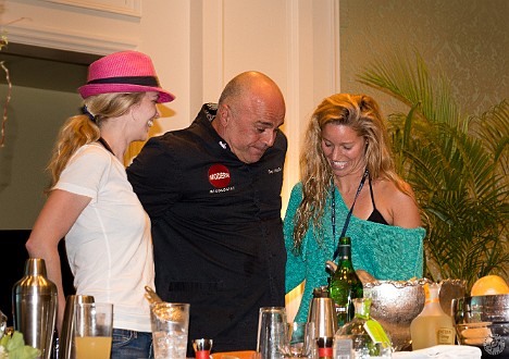 This is going to be entertaining.... Tony calls up two rather cute volunteers to help demonstrate how to make mojitos Jan 18, 2014 5:12 PM : Grand Cayman, Tony Abou-Ganim : Maxine Klein,David Zeleznik,Daniel Boulud
