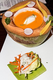 Carrot soup served in a hollowed out coconut and conch ceviche. Apparently a couple of workers were driving around the island for the previous 2 days trying to spot and cut down enough coconuts for the dinner. Jan 18, 2014 9:49 PM : Grand Cayman : Maxine Klein,David Zeleznik,Daniel Boulud