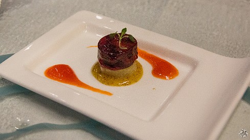 GrandCayman2015-027 A vegetarian amuse bouche with beets and potato