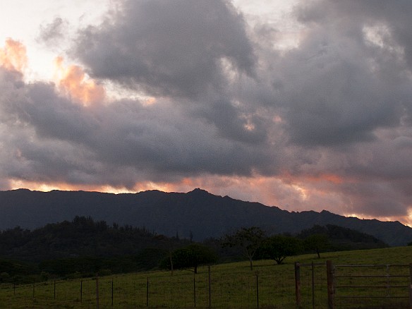 Driving back north on the Kapa'a Bypass late in the day, we encountered a beautiful sunset over the farmland and mountains May 14, 2010 7:06 PM : Kauai