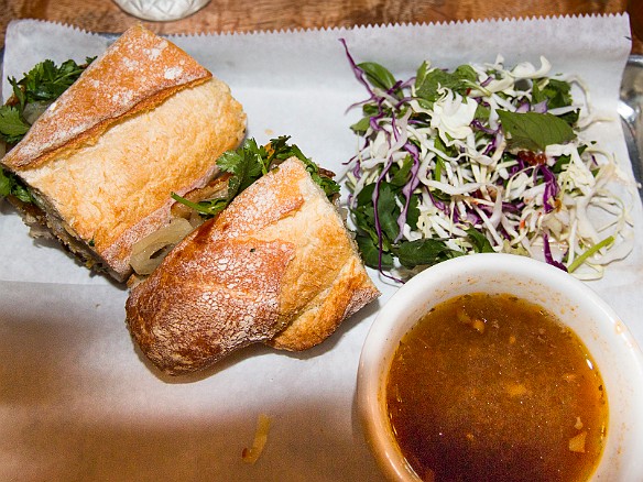 Pork belly french-dip, vietnamese style with pickled eggplant and lots of basil and cilantro May 7, 2015 1:19 PM : Oahu