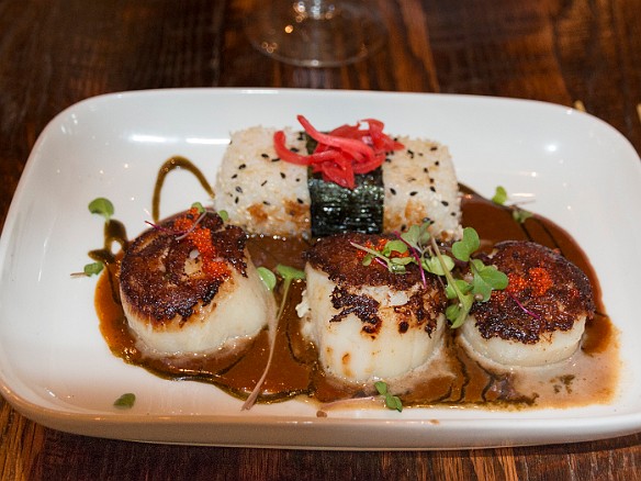 Scallops topped with crab and a fried rice musubi May 19, 2017 6:54 PM