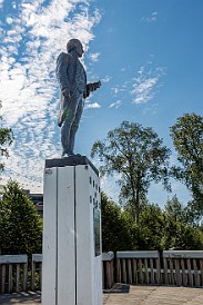 Alaska-032 Captain Cook statue overlooking Cook Inlet into Anchorage harbor