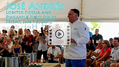 CaymanCookout2015-JoseAndres Video of José Andrés kicking off the 2015 Cayman Cookout with an entertaining take on making lobster fideuà on the beach with gazpacko and pineapple pisco...