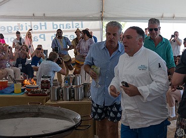 CaymanCookout2015Day1-007 José Andrés, Eric Ripert, and Tony Bourdain follow the samba dancers with pisco sours already in hand