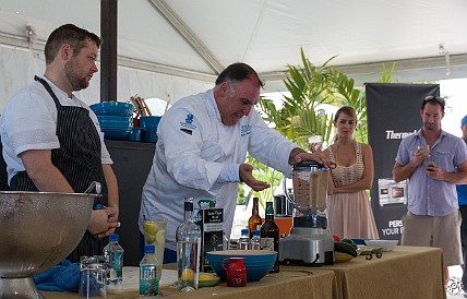 CaymanCookout2015Day1-032 While the fideuà is cooking, time to do a quick demo of making gazpacho, if only the blender would cooperate