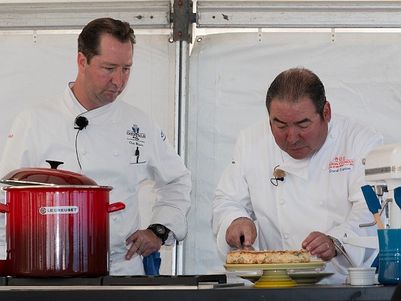 Emeril cuts the finished smoked salmon cheesecake with Chef Chris Wilson, the Culinary Director for Emeril's company, looking on Jan 13, 2017 10:13 AM : Chris Wilson, Emeril Lagasse