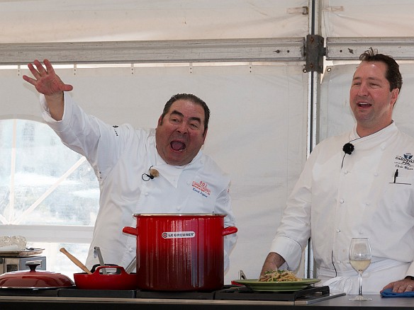At the end of the demo, Emeril and the crowd shout out a huge BAM! to try and drown out José Andrés who is being extremely boisterous just down the beach Jan 13, 2017 10:52 AM : Chris Wilson, Emeril Lagasse