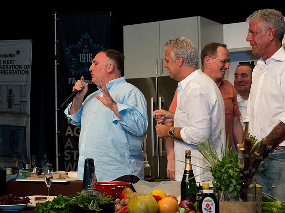 José Andrés can't seem to let go of the microphone, much to the amusement of Eric Ripert and Anthony Bourdain Jan 15, 2017 1:26 PM : Anthony Bourdain, Emeril Lagasse, Eric Ripert, José Andrés, Rainer Zinngrebe