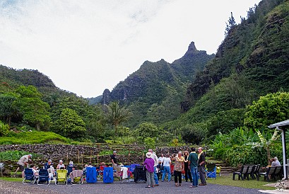 About 50 people attended, setting up chairs in front of the ancient taro terraces where the hula was performed. May 14, 2011 6:55 PM : Kauai, Limahuli Gardens