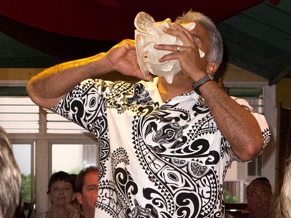 The luau at The Mediterranean Gourmet is once a week on Tues nights. The call to order is by Coppin Colburn blowing the conch shell. May 14, 2013 7:09 PM : Coppin Colburn, Kauai