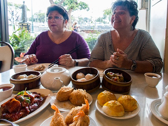 Max and Deb with dim sum delights before them. Those mustard colored knish looking things at the lower right were actually the most awesomely delicious custardy desserts imaginable. May 10, 2014 12:01 PM : Debra Zeleznik, Maxine Klein, Oahu