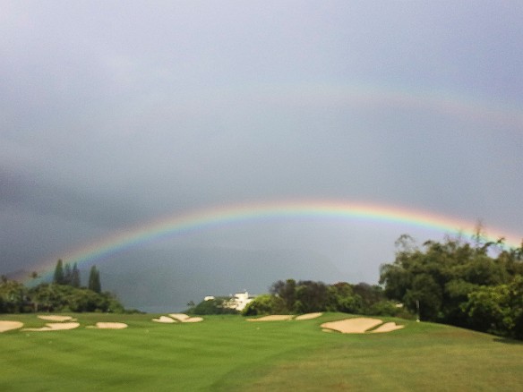 The next day, Maxine took this double-rainbow photo while golfing the Makai Course May 12, 2015 8:33 AM : Kauai : Debra Zeleznik,David Zeleznik,Jawea Mockabee,Maxine Klein,Mary Wilkowski