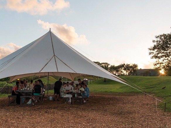 Chef Justin Smith's outdoor farm-dinner dining experience  Kauai Ono  had moved since the previous year from Hanalei to the grounds of the Princeville Ranch. May 14, 2015 6:56 PM : Kauai : Debra Zeleznik,David Zeleznik,Jawea Mockabee,Maxine Klein,Mary Wilkowski