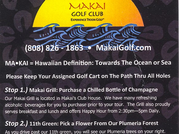 Thursday evening we took the  Makai Golf Course's "Sunset Tour" . A first for us, but we had so much fun we will definitely do this again. The idea is you rent golf carts around 5pm, they stock the coolers with ice and water, you supply your own libations and snackage. May 21, 2015 5:38 PM : Debra Zeleznik,David Zeleznik,Jawea Mockabee,Maxine Klein,Mary Wilkowski