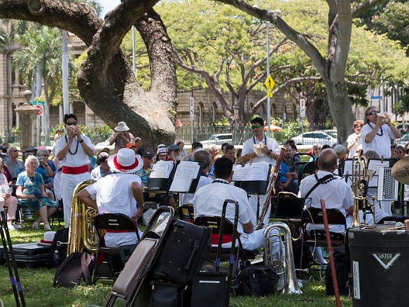 The Royal Hawaiian Band starts their free outdoor concert on Friday afternoons with the blowing of conch shells May 12, 2017 12:02 PM