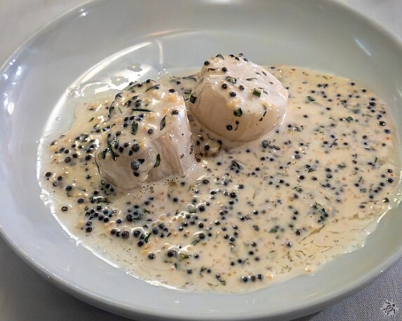 NewYear2026-023 Scallops that have been lightly cooked in a caviar beurre blanc sauce with yuzu kosho, which is a paste of fermented yuzu peel and chili peppers