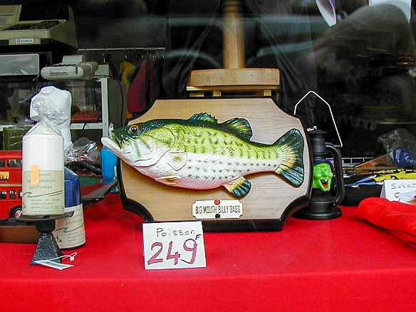 Paris2000-019 Big Mouth Billy Bass, all the recent rage stateside, spotted in the window of a French sundries shop. The French franc was worth about 7.5 to the US dollar in...