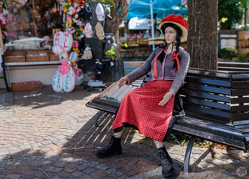 BadenBaden2025-017 With most of the living people still in church, we were left to converse with this mannequin in traditional Black Forest attire telling us the schnitzel was...