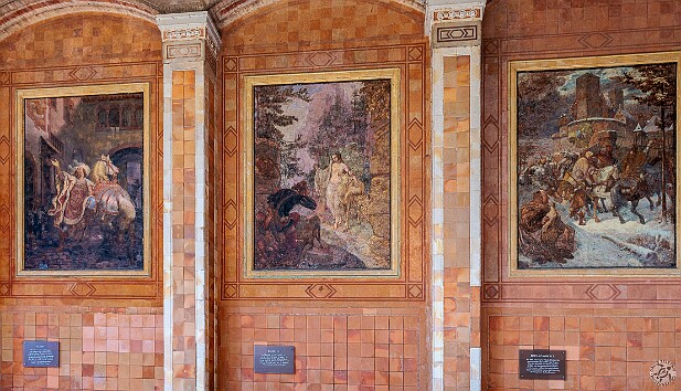 BadenBaden2025-031 The Trinkhalle has 14 large frescoes along it's exterior wall that depict various Bavarian legends. From L to R: 