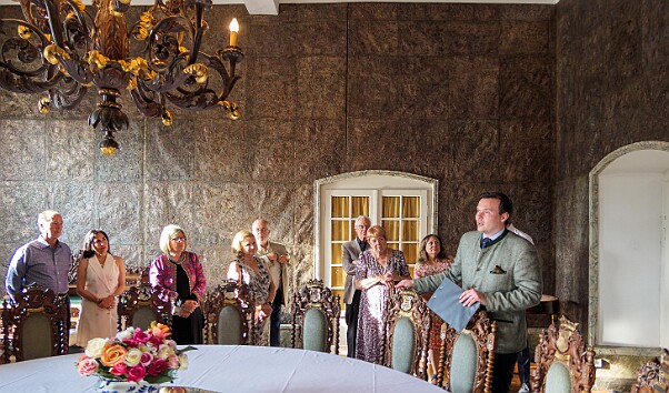 Cologne2025-007 Guided tour of the castle which raises funds by hosting private events and receptions such as ours. Several of the rooms are decorated with painted and gilded...