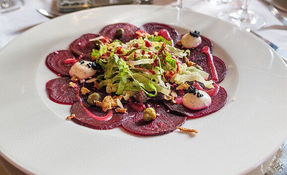 Cologne2025-011 Our dinner began with a beet carpaccio with caviar and capers
