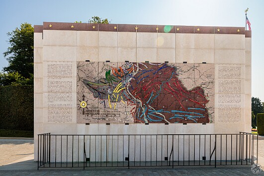 Luxembourg2025-004 One of two pylons, this one shows a map of the Ardennes and subsequent Rhineland campaigns